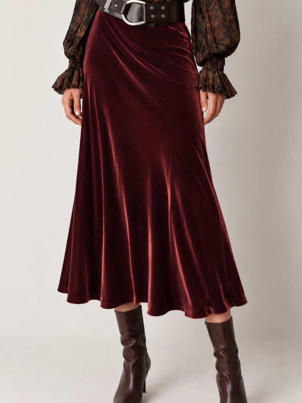 Vintage Ralph Lauren Japan Midi Burgundy Velvet Skirt - Picture 2 of 6